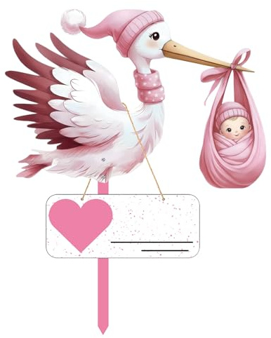 Mailfull Klapperstorch Set zur Geburt Baby 89cm Holz Storch Geburt für Draussen Willkommen Zuhause Baby Deko Inkl Holzstab Namensschild Grußkarte (Rosa)