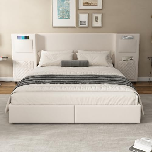 Merax Double bed frame, 4ft6 double Upholstered Bed with 2 Storage Drawers, headboard with 4 storage pockets, Velvet+Plywood,Beige,135×190cm