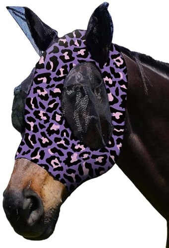 XFSRG Masque Anti Mouche Cheval en Polyester Respirant Protection Anti Mouche Cheval avec Oreilles en Maille Bonnet pour Équitation (Violet-1, L)