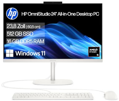 HP OmniStudio 24-cv0217ng All-in-One KI PC, 23,8 Zoll Entspiegeltes FHD IPS Display, AMD Ryzen 5, 16 GB LPDDR5x, 512 GB SSD, AMD Radeon Grafik, Windows 11 Home, QWERTZ Tastatur, Cotton White