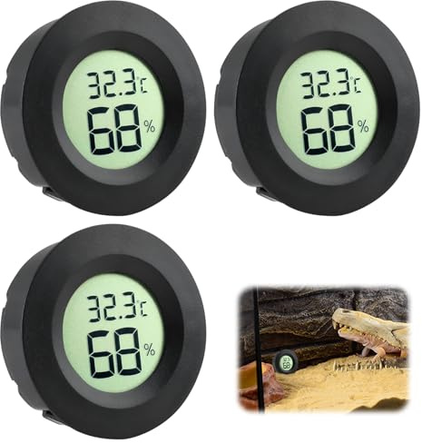 3Pcs Digital Reptile Thermometer Hygrometer Gauge, Compact Vivarium Temperature and Humidity Monitor, With Switchable Celsius Fahrenheit, Terrarium Accessories for Gecko Tortoise and Reptile Enclosure