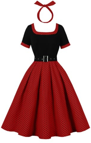 Wellwits Women's Polka Dot Square Neck Vintage Dress | Work,Party,Fitted Bodice,Stretchy Top