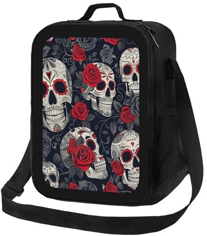 Anceky Lonchera Rose Halloween Skull, bolsa térmica reutilizable a prueba de fugas para hombres y mujeres, oficina, trabajo, escuela, playa o viajes.