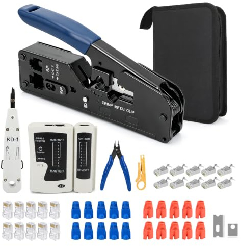 Ykall Kit Crimpadora RJ45 12 en 1 con Probador, para Cat5/Cat6/Cat7 | Crimpa, pela y corta en un solo paso, con probador hasta 200m. 20 conectores y fundas incluidas. Listo para usar con T568A/B.