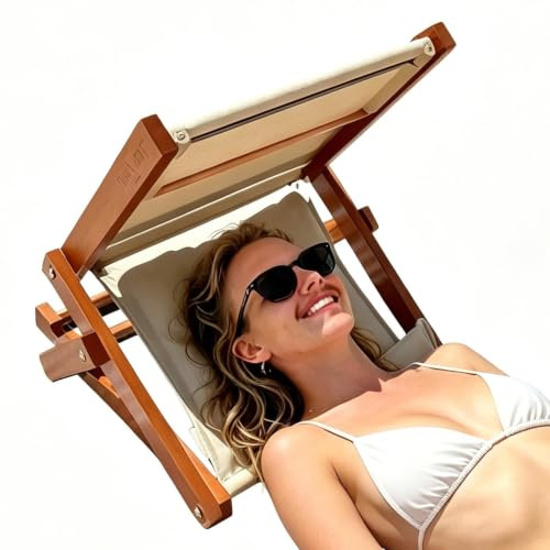 Toldo solar de playa Silla Tumbona Plegable Con Marco De Madera | con cojín elástico y tienda playera de cabeza para hombres, mujeres, bronceado corporal, piscina, jardín, césped,