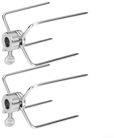 Posheliox Rotisserie Meat Forks,Stainless Steel BBQ Clamps with Locking Screw,4-Prong Grill Skewers for Beef Lamb Pork Poultry,2pcs