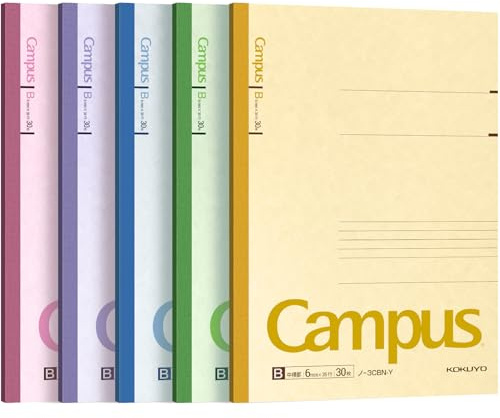 KOKUYO Campus Todai Series Lined Notebook - Semi B5 (252x179x4mm) - 6 mm Ruling - 35 Lines X 30 Pages - Pack of 5 Cover Colors 3CBNx5