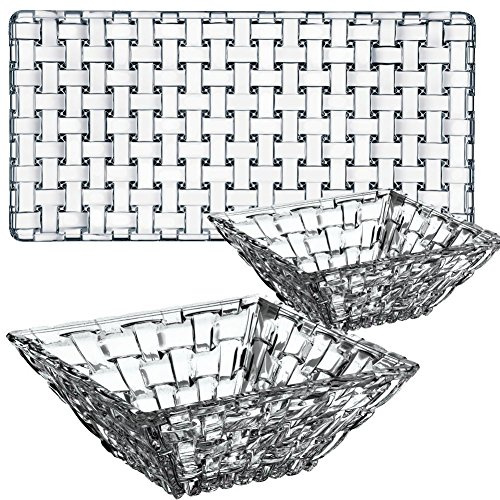 Nachtmann 3-teiliges Servierset aus 1x Platte 28x14 cm und 2x Schalen Ø 12 cm, Bossa Nova, 90026, Servierplatte und Servierschalen aus Kristallglas, spülmaschinenfest | 1x Platte (28x14 cm) + 2x Schalen (24x24 cm), Kristallglas