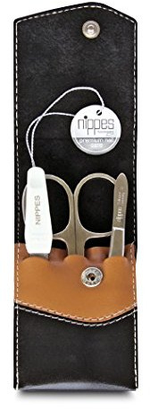 nippes Solingen Premium Line Maniküre Set Seam, 3-teilig, vernickelter Stahl, Rindsleder-Etui mit Druckknopf, Schwarz/Braun, Nagelpflege Set, Made in Germany | Druckknopf-Verschluss, kompaktes Taschenetui 100×50×15 mm, ideal für Reisen und unterwegs, hochwertiges Made in Germany