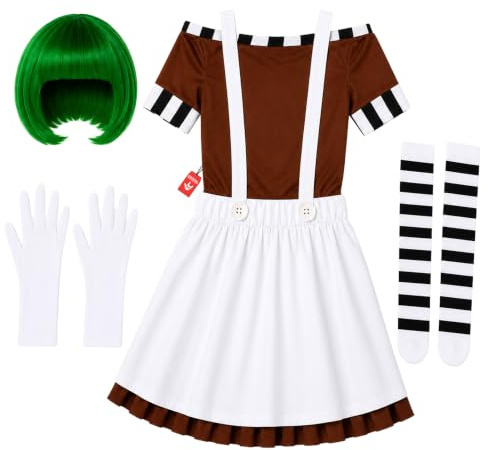 Fun Shack Fabrikarbeiter Kostüm Damen, Lustiges Halloween Kostüm Damen | Hemd, Rock, Socken & Grüne Bob-Perücke, Weiß-brauner Fabrik-Look, Perfekt für Halloween, Ideal zum Verkleiden