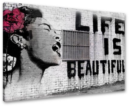 Visario Leinwandbild Banksy Life is Beautiful 80x60 cm 4166 Graffiti Street Art Wandbild auf Leinwand mit Holzrahmen fertig aufgespannt Wanddekoration modern Kunstdruck Wohnzimmer Schlafzimmer Büro