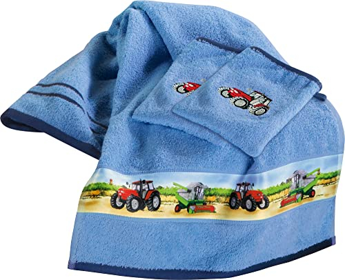 Erwin Müller Kinder Frottier-Set 3-TLG. Handtuch und Waschhandschuhe hellblau Größe - mit hochwertigem Stickmotiv Traktor, saugstark, 100% Baumwolle