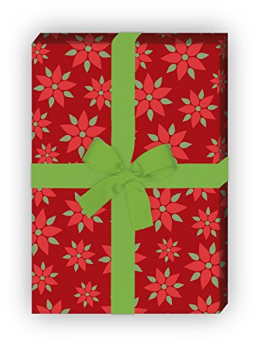 Kartenkaufrausch groß gemustertes Weihnachtspapier, Geschenkpapier Set zu Weihnachten mit Weihnachtsstern Blume, rot, für tolle Geschenk Verpackung, Designpapier, scrapbooking, 4 Bogen, 32 x 48cm