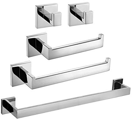 ThinkTop Bathroom Accessory Set, Stainless Steel Chrome Finish Wall Mount | 5-Piece Bath Collection Set Towel Ring Hanger, 24 Inch Towel Bar Rack, Toilet Roll Holder, 2 X Robe Hooks, Square Style