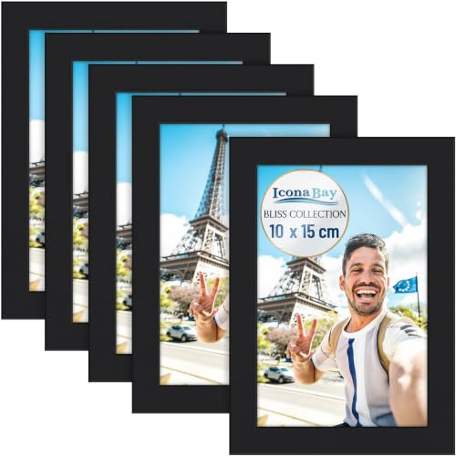 Icona Bay - 6x4 Picture Frames - Black, 5 Pack - Modern Style Wood Composite Frames - Table Top or Wall Mount - Bliss Collection