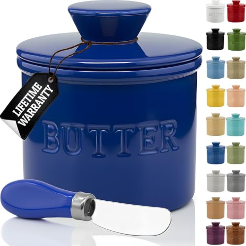 PriorityChef Butter Crock with Lid, On Demand Spreadable Butter, French Butter Keeper to Leave On Counter with Water Line, Ceramic French Butter Dish, Dark Blue