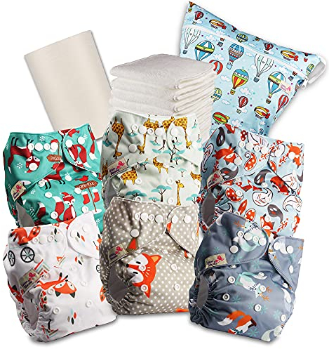 Littles & Bloomz 618PM6 wiederverwendbare Pocket-Babywindel aus Stoff, mit Standard-Druckknopfverschluss, 6 Windeln + 6 Einlagen, 1 Rolle Einwegeinlagen aus Bambus, 1 Beutel für nasse Windeln