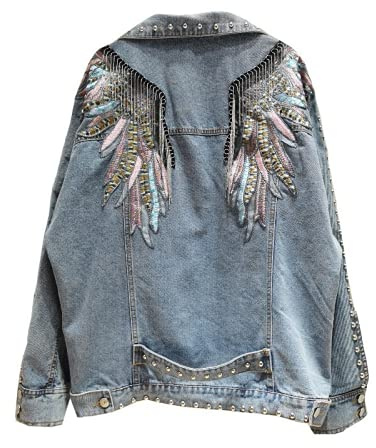 FBYDLL Chaqueta De Mezclilla Bordada para Mujer - Remaches De Borla De Alas De Plumas Moda Streetwear Jeans Outwear, Estilo Étnico, Casual, Todo Fósforo, Manga Larga, Abrigo, Otoño Vaquero, Abrigo Pa