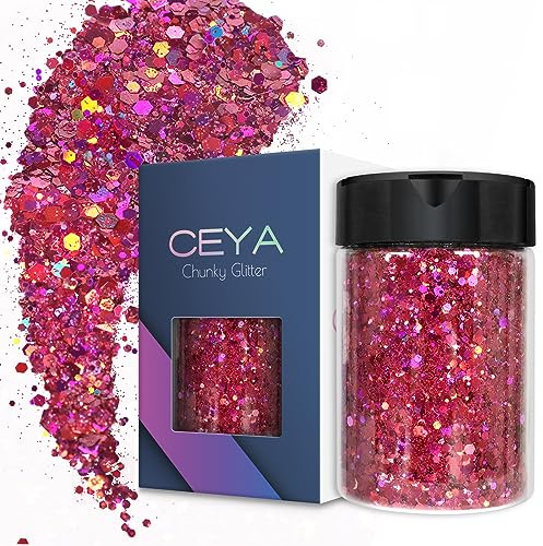 Ceya Holografischer, grober Glitzer, 3.5oz/100 g, Rosenrot, Bastelglitzer, gemischte grobe feine Flocken, schillernde Nagel-Pailletten, für Epoxidharz, Becher, Schleim, Malerei, Festival-Dekoration