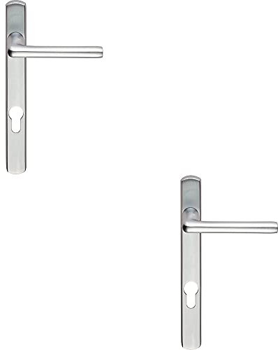 2 Pack Straight Lever on Narrow Euro Lock Backplate - 220 x 26mm - Satin Chrome | Front Door Lever on Backplate Door Handle - Designer Interior/Exterior Handle - Front and Back Door Hardware Set
