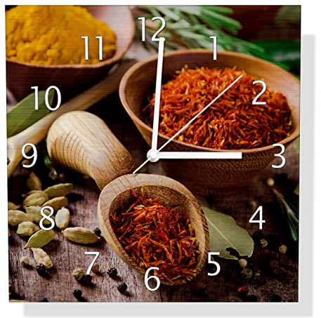 Wallario Design Wanduhr Gewürze und Kräuter aus Aluverbund, Alu-Uhr Größe 30 x 30 cm, weiße Zeiger mit Metalloptik