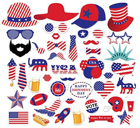 44-teiliges Party-Fotokabinenzubehör-Set, Patriotisches Fotokabinen-Requisiten für den 4. Juli, Hüte, Schnurrbärte, Lippen, US-Flagge für den amerikanischen Unabhängigkeitstag
