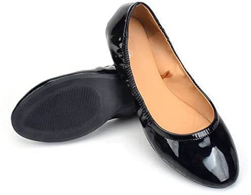 Dernolsea Womens Ballet Flats, Patent Leather Foldable Round Toe Slip On Pumps Elastic Flat Dolly Ballerina Shoes Black Size 3.5
