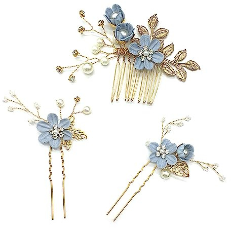 3 Stück Strass haarkämme, Blumenhaarnadeln für Frauen, Kristalle Stirnband, Seitliche Haarkämme für Hochzeiten, Hochzeit abendhaar (Blau)