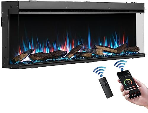 FLAMME Knighton 150cm/59 3-Sided Electric Media Wall Fire, Recessed TV Media Wall, Multiple Flame Colours, Sound Effects and APP Control