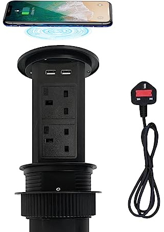 ZESHAN pop up socket motorised pop up sockets for kitchen worktops with wireless charging, 4 UK plugs, 2 USB A and 2 USB C Charging stations for Kitchen Counter, furniture desk,Conference Room, Black