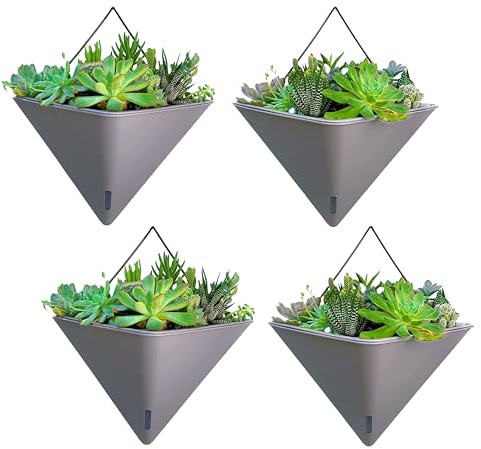 LáLáGreen Pots de Jardinière Muraux pour Plantes d'Intérieur - Pack de 4, Vase de Fleurs Géométrique Suspendu de Grande Taille de 30 cm en Gris avec Auto-Arrosage, Vase en Céramique avec Support en