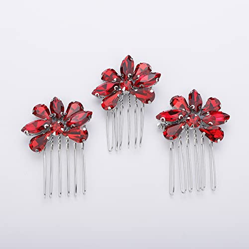 Teyglen Haarkamm-Set mit einfachen Strasssteinen, handgefertigt, rot, blau, schwarz, Kristall, seitliche Haarkämme, Brautschmuck-Set für Damen, Braut, Mädchen (rot)