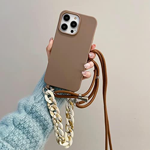 Rokmym Coque pour iPhone 13 Pro Max avec Cordon Silicone Antichoc, Bracelet Réglable, Tour de Cou, Chaîne Lanière - Brun