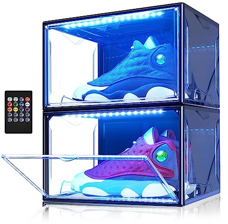 Oltraman Shoe Storage Organizer for Closet, Foldable Shoe Boxes Rack 2 pack, Clear Plastic Stackable Containers Bins Holder, Magnetic Sneaker Shelf for Sneakerheads with LED Lights (Black)