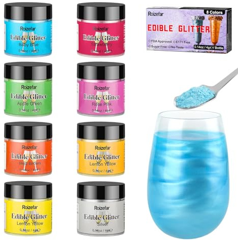 Roizefar Ätbart glitter, 8 kleuren smakeloos eetbaar glitterpoeder, glitter eetbaar voor cake, glitter eetbare drankjes voor Pasen, Kerstmis, Oktoberfest -feest, champagne, cocktails. 4G/kan