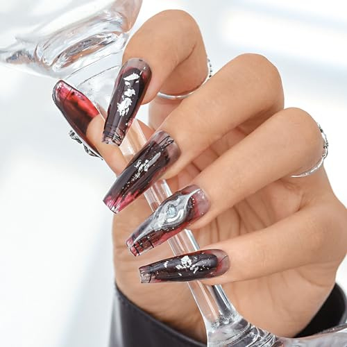 Sethexy Lange Ballerina Handgefertigt Nägel aufdrücken Glitzer Gotisch Falsche Nägels Rot lackiert Glänzend Falsche Nägel Salon Qualität für Frauen und Mädchen 20PCS (N)