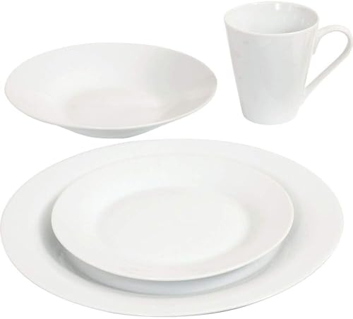 16pc Dinnerware Set - 4 Porcelain with 4 Bowls, 4 Mugs, 4 Side Plates and 4 Dinner Plates - Microwave and Dishwasher Safe - Cereal Bowls, Desserts, Lunch (Plain White)