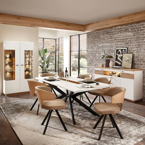 Lomadox Esszimmer Set weiß mit Eiche 3-teilig modern, 1 Esstisch, 1 Sideboard, 1 Vitrine, inkl. Beleuchtung