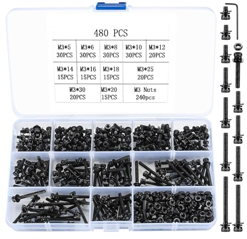480 Stück M3 Schrauben Set, Sechskantschrauben und Muttern Set, Zylinderschrauben mit Innensechskant, Gewindeschrauben mit Muttern und Unterlegscheiben Sortiment Kit, Maschinenschrauben Set