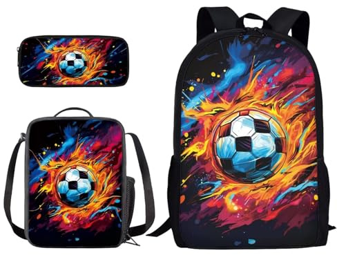 Wpamlrta Colorful Paint Fire Soccer Print Backpack Set for Kids Boys Girls School Bag with Lunch Bag Pencil Bag Primary Elementary Bookbag 3 Pcs Set