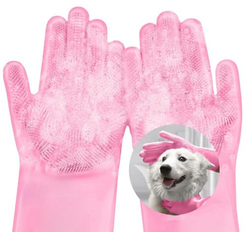 AMFUN Guanti da Toelettatura per Animali Domestici, Guanto per Gatti Cani, Guanti da Bagno in Morbido Silicone con Spazzola A Setole Morbide per Cani Gatti Coniglio