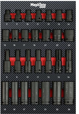 Mephisto Werkzeugeinlage Set mit Nüssen und Schlagnüssen | Werkstattwageneinlage Werkzeug Set Pro Line für Schlagschrauber metrisch, in Soft Inlay in Carbonoptik