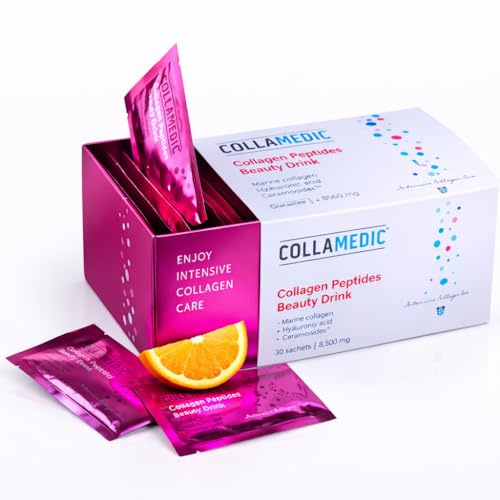 COLLAMEDIC Kollagenpeptide Beauty Drink, angenehmer Orangengeschmack, Meereskollagen mit Hyaluronsäure, Phytoceramide, Oligopeptide, 30 Beutel x 8560 mg