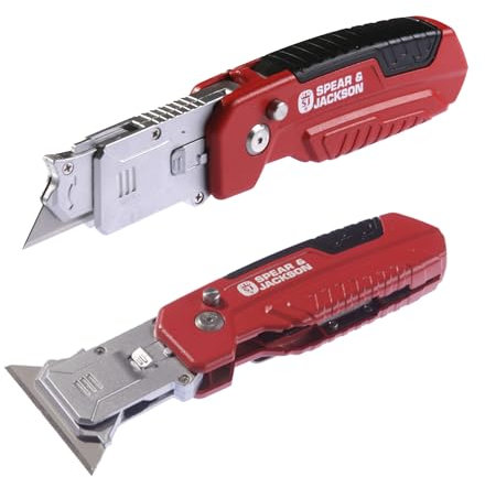 Spear & Jackson SJ1790 – Couteau à Découpe et Grattoir 2-en-1 – Couteau Utilitaire Convertible, Corps Métallique Durable, Poignée Antidérapante, 10 Lames – Pour Carton, Moquette, Vinyle et Peinture