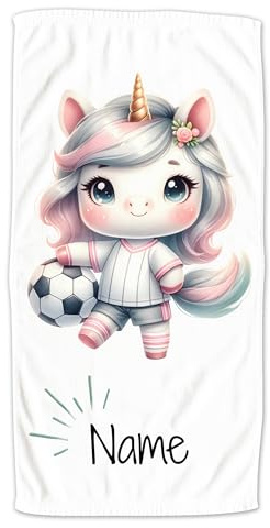 GRAZDesign Fußball Handtuch mit Namen personalisiert, Kinder Badetuch in Zwei Größen, Motiv Einhorn - 140x70cm