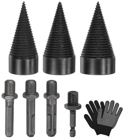M METERXITY 3-Pack Wood Splitter Drill Bit 38mm+42mm+45mm, Black, Grey | Firewood, Log, 4 Handles, Square, Round, Hex Shank, Small Hex, Gloves, Outdoor, Stove, Farm