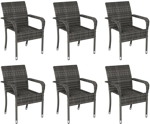 Yaheetech 6er Set Rattanstühle Stapelbar, Rattan Gartenstühle Stapelstuhl | Balkonstuhl mit Armlehnen & Rückenlehne & Verstellbaren Füße für Garten Balkon Terrasse, Grau