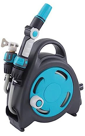 Carrello avvolgitubo portatile da giardino con tubo da 15 m, 3 modelli di ugelli, strumenti di irrigazione compatti per un facile lavaggio dell'auto e uso domestico - Set di supporti per tubo blu