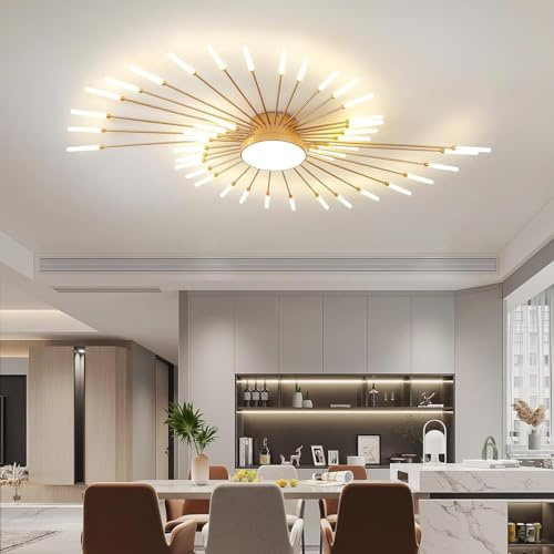 Lampada a Sospensione LED Soggiorno Tavolo da pranzo Lampada da Soffitto Moderna Fuochi d'artificio Plafoniera per Camera da Letto Bambini Cucina Sala da pranzo 4500K Lampadario (Oro, 42+1 Luci)