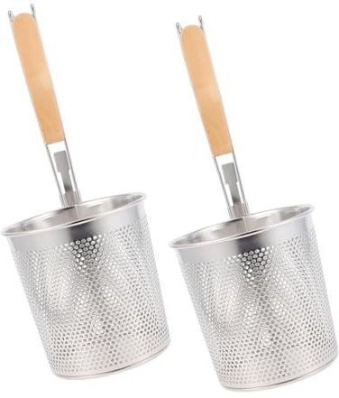 UTHCLO 2pezzi Cestino Da Cucina Acciaio Inossidabile Con Manico Legno Skimmer Per Noodles e Fritture Design Impilabile e Perforato Per Scolare Pasta e Dumplings